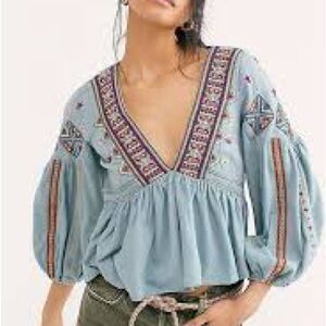 Free People Embroidered Blue Bohemian Top